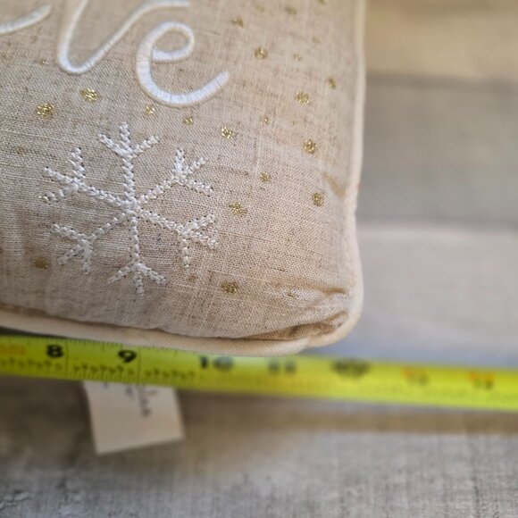 St. Nicholas Square Believe Decorative Pillow Beige Snowflakes Gold Dots 12"x8" - Picture 6 of 7